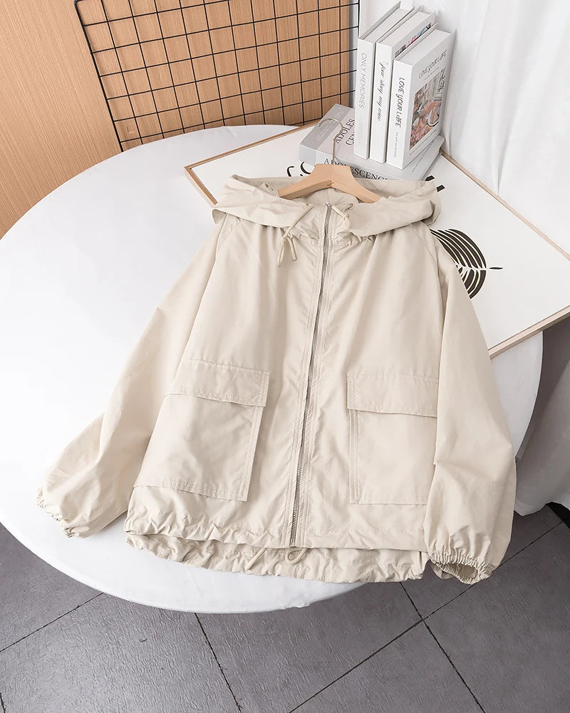 Casual Women’s Rain Jacket – Short Hooded Windproof Coat