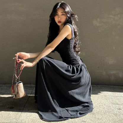 Casual Elegant Summer Dress – High-Waist Solid Ruched Maxi Dress
