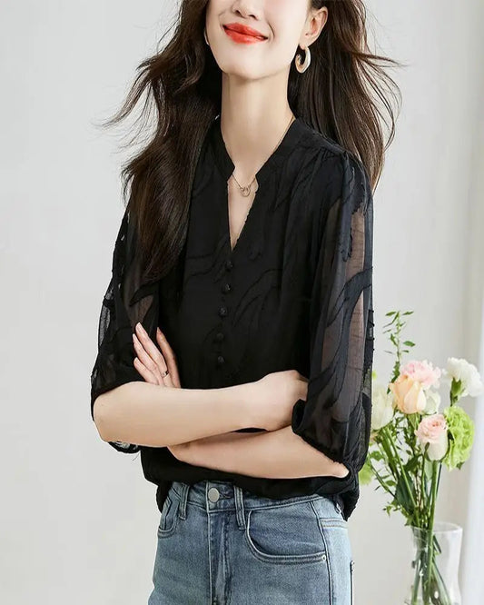 Women’s Stylish Summer Tee – Buttoned Solid Chiffon Pullover