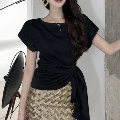 Trendy & Stylish – Lace-Up Solid Slim Blouse for Office