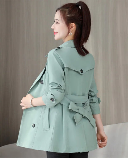 Spring Outerwear for Women – Belted Double-Breasted Long Sleeve Jacket
