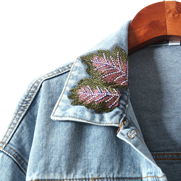 Floral Beaded Denim Jacket – Women’s Cowboy Cardigan Top with Ribbons