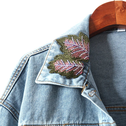Floral Beaded Denim Jacket – Women’s Cowboy Cardigan Top with Ribbons