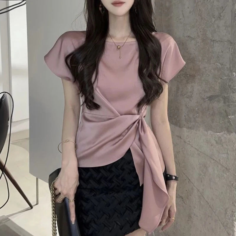 Trendy & Stylish – Lace-Up Solid Slim Blouse for Office