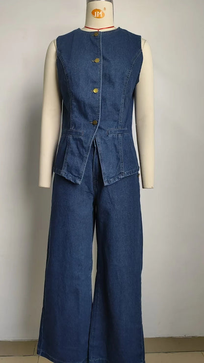 Trendy Two-Piece Set – Sleeveless Darted Vest with Wide-Leg Trousers