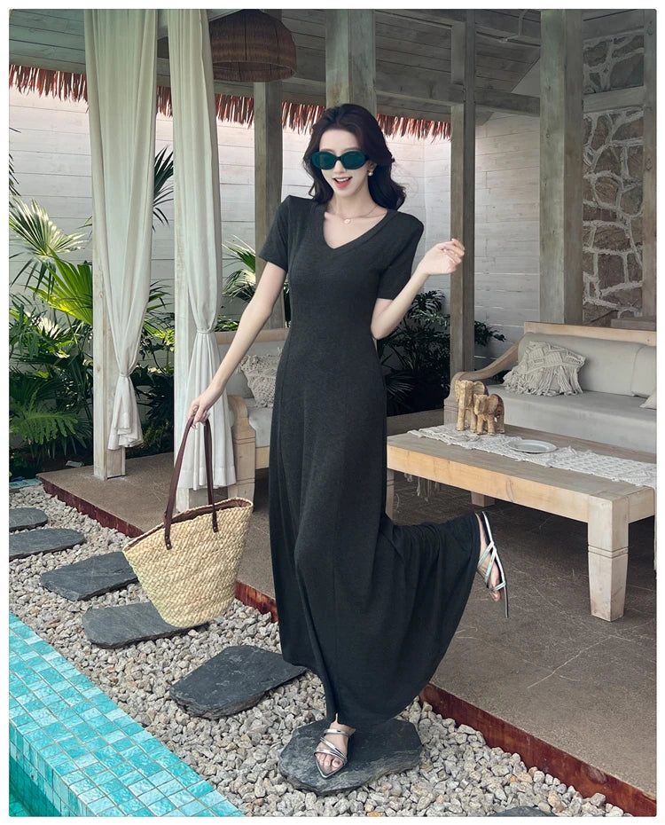 Casual Summer Dress – V-Neck Slim Waist Flared Skirt for Women