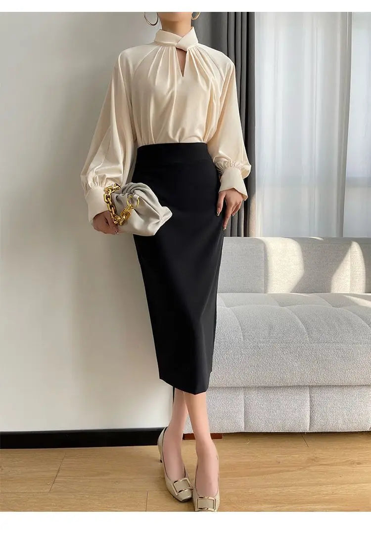 Fashion Spring Blouse – Hollow Puff Sleeve Solid Color Women’s Top