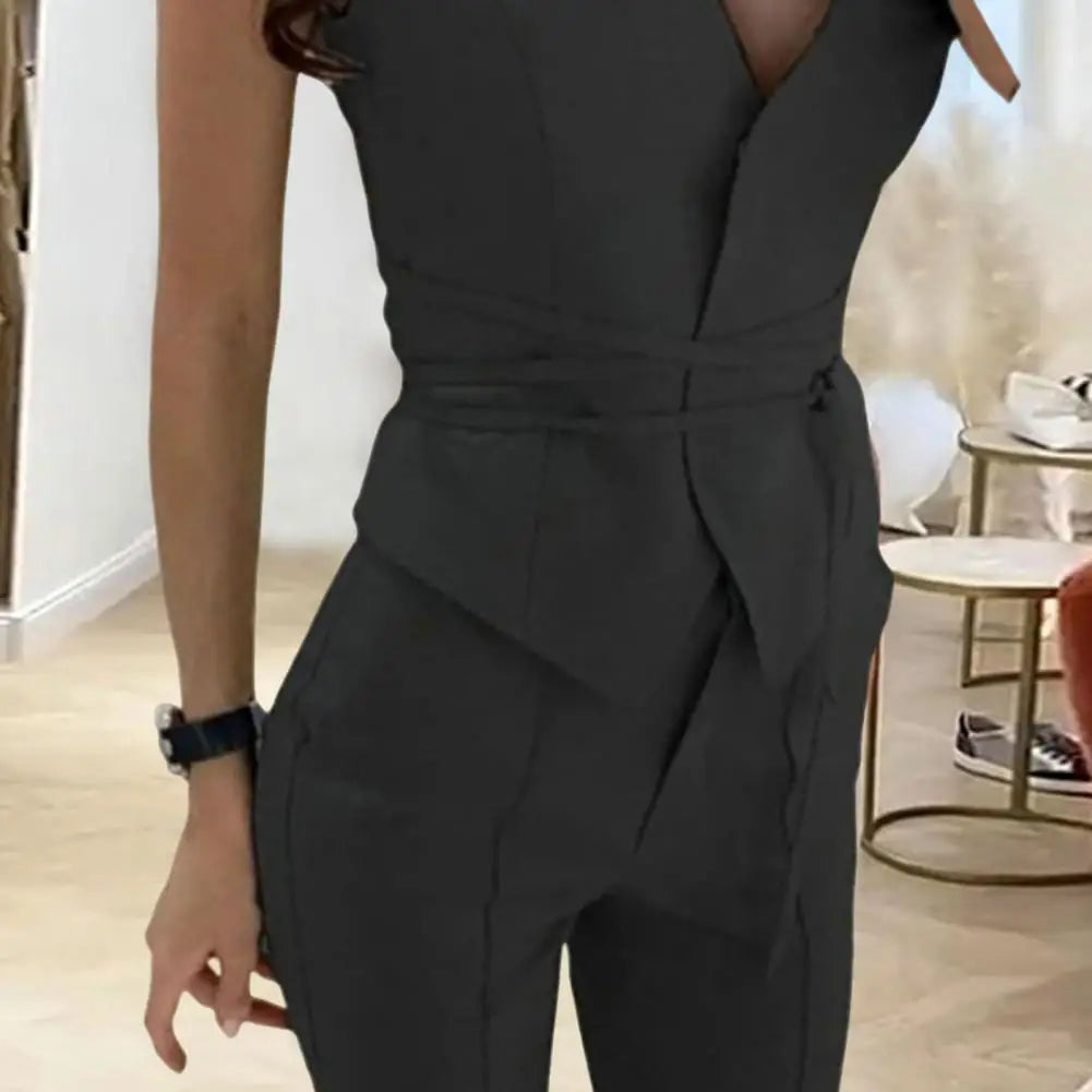 Office Lady 2 Pcs Set – Sleeveless Waistcoat & Straight Pants with Tie Belt