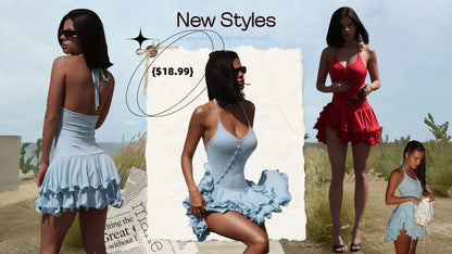 Absobe Ruffle Mini Dress - V-Neck A-Line Bodycon with Asymmetrical Buttons
