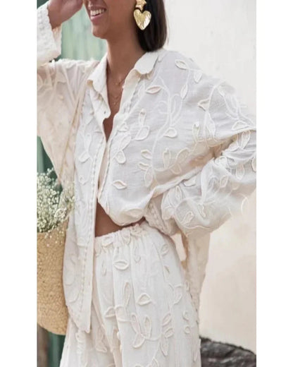 Women’s 2-Piece Suit – Elegant Long Sleeve Shirt & Wide Leg Pants