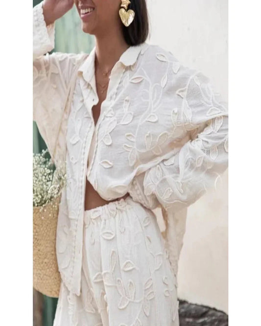 Women’s 2-Piece Suit – Elegant Long Sleeve Shirt & Wide Leg Pants