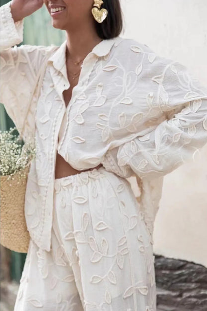 Women’s 2-Piece Suit – Elegant Long Sleeve Shirt & Wide Leg Pants