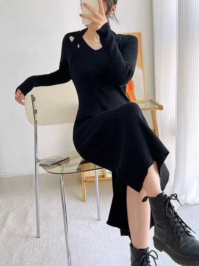 Street Style Winter Dress – Women’s Slim Halter Knit Long Skirt