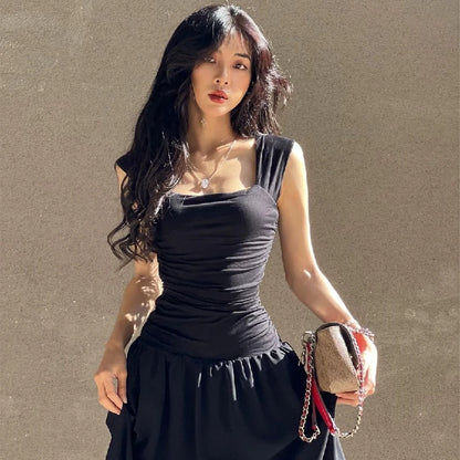 Casual Elegant Summer Dress – High-Waist Solid Ruched Maxi Dress