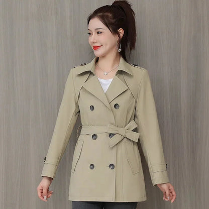 Spring Outerwear for Women – Belted Double-Breasted Long Sleeve Jacket