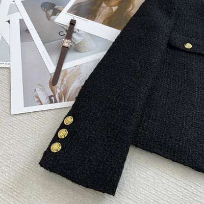 Short Black Tweed Coat – Women’s Autumn Winter Single-Breasted Jacket