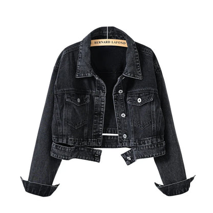 Short Denim Jacket for Women – Black Lapel Long Sleeve Fashion Coat
