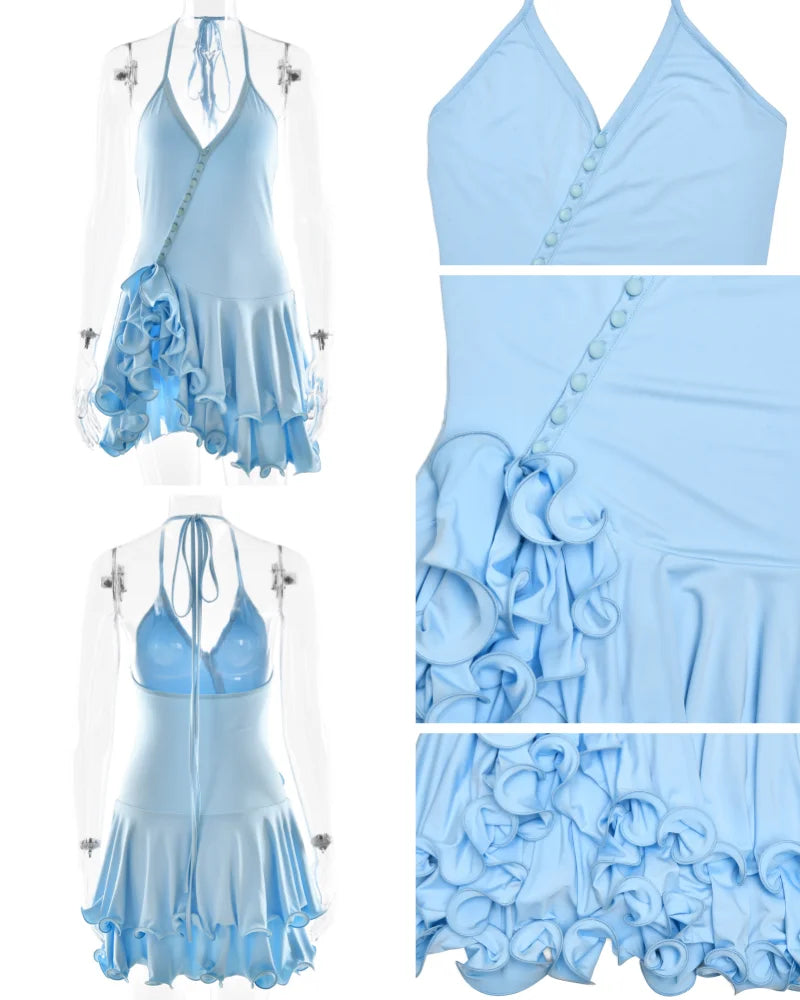 Absobe Ruffle Mini Dress - V-Neck A-Line Bodycon with Asymmetrical Buttons