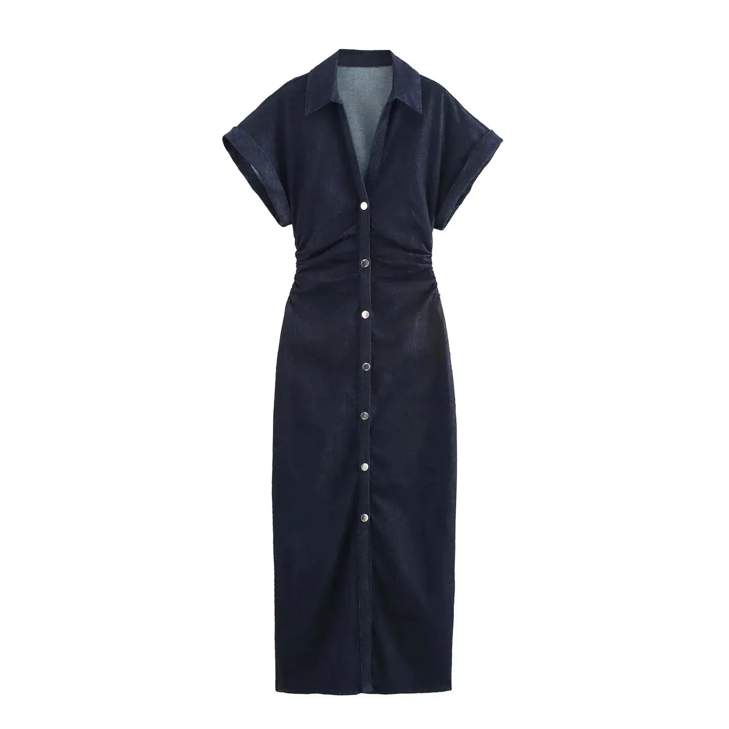 Street Style Must-Have – Ruched Short Sleeve Denim Midi Dress