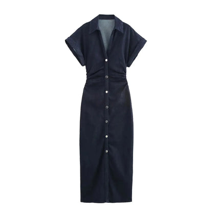 Street Style Must-Have – Ruched Short Sleeve Denim Midi Dress