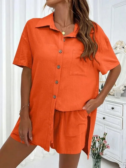 Fashionable Women’s 2-Piece Set – Single-Breasted Top & Wide Shorts