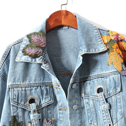 Floral Beaded Denim Jacket – Women’s Cowboy Cardigan Top with Ribbons