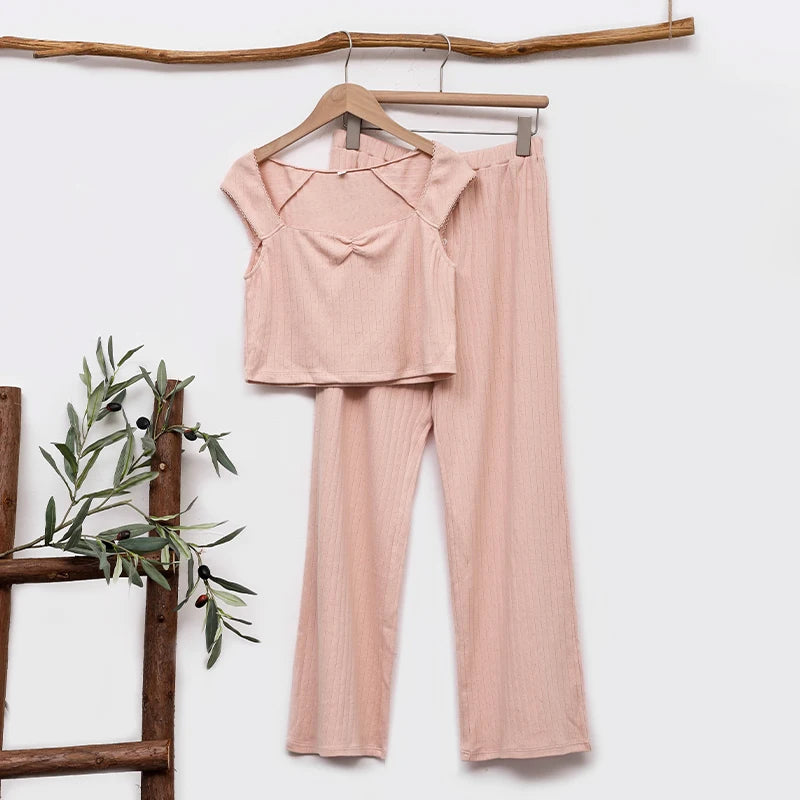 Women’s Fairycore Casual Set – Square Collar Crop Top & Pants