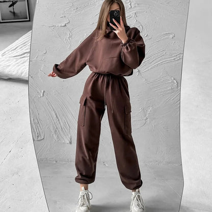 Autumn Winter Casual Outfit – Hoodie with Hood & Tied Waist Pants