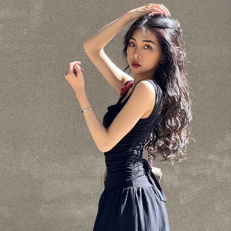 Casual Elegant Summer Dress – High-Waist Solid Ruched Maxi Dress