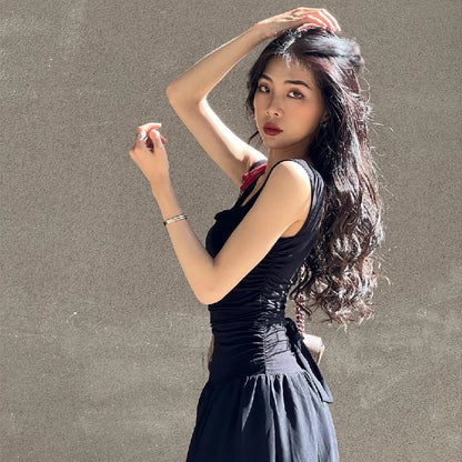 Casual Elegant Summer Dress – High-Waist Solid Ruched Maxi Dress