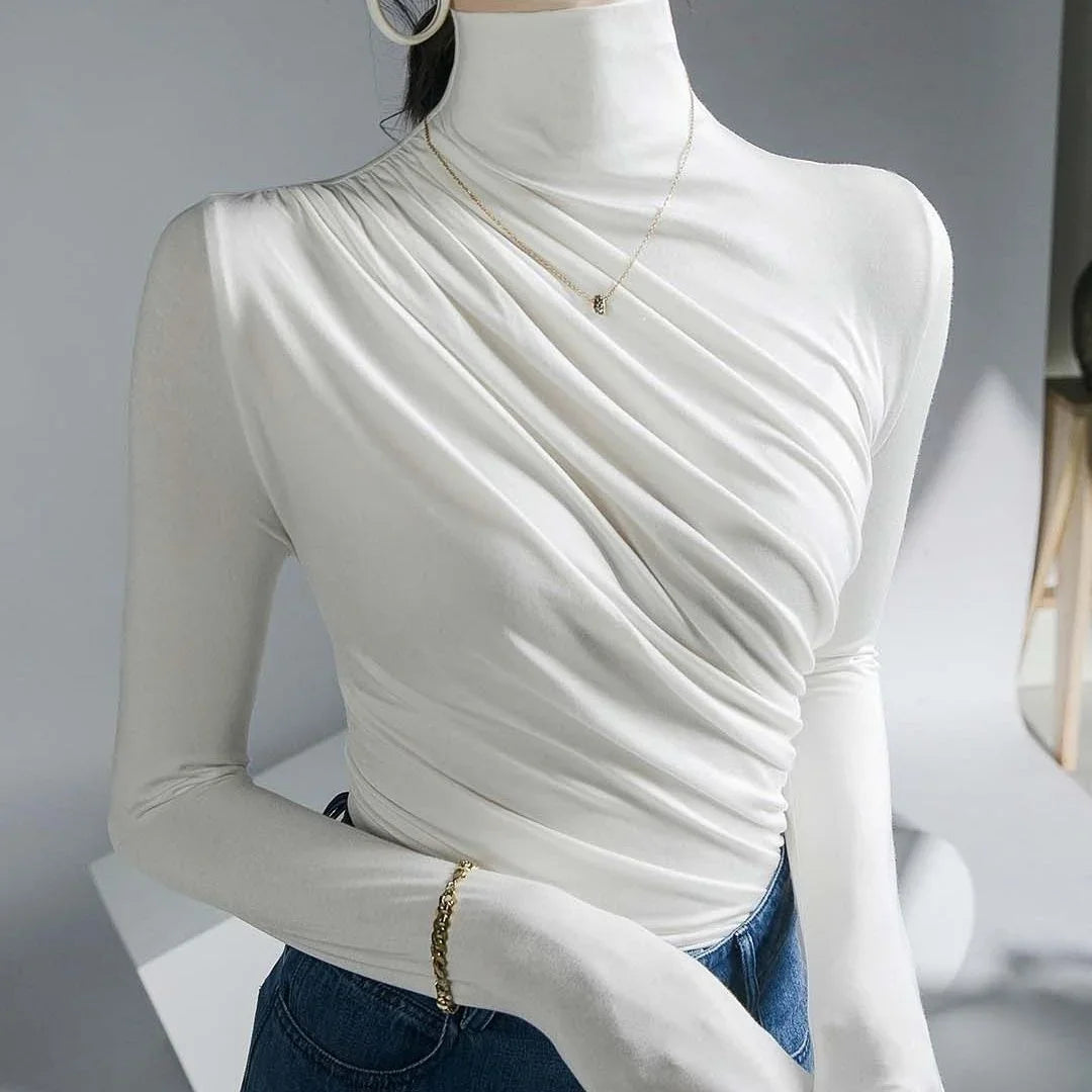 Elegant & Chic – 2023 Pleated High Neck Blouse for Women