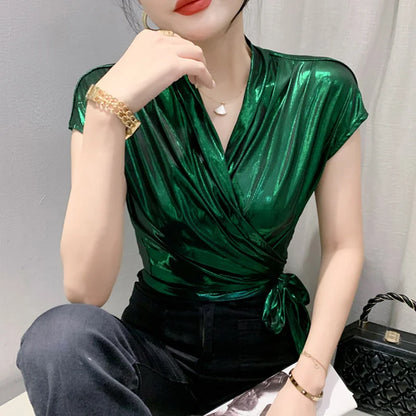 Shine & Chic – Metallic Short Sleeve Wrap Top for Women