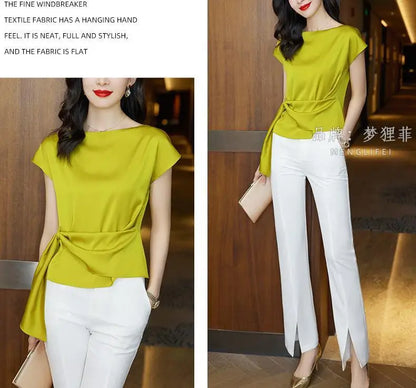Chic Summer Top – Women’s Short Sleeve Satin Chiffon Blouse