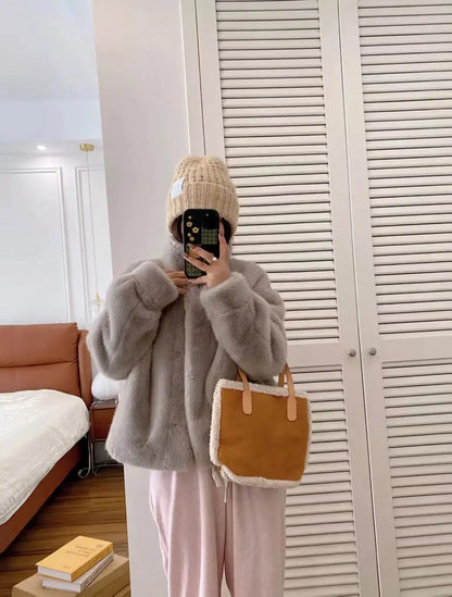 Golden Mink Lined Faux Fur Coat – Short Stand Collar Winter Jacket