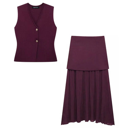 Wine Red Knitted Vest & High Waist Long Skirt – TRAFZA 2025 Women’s Set
