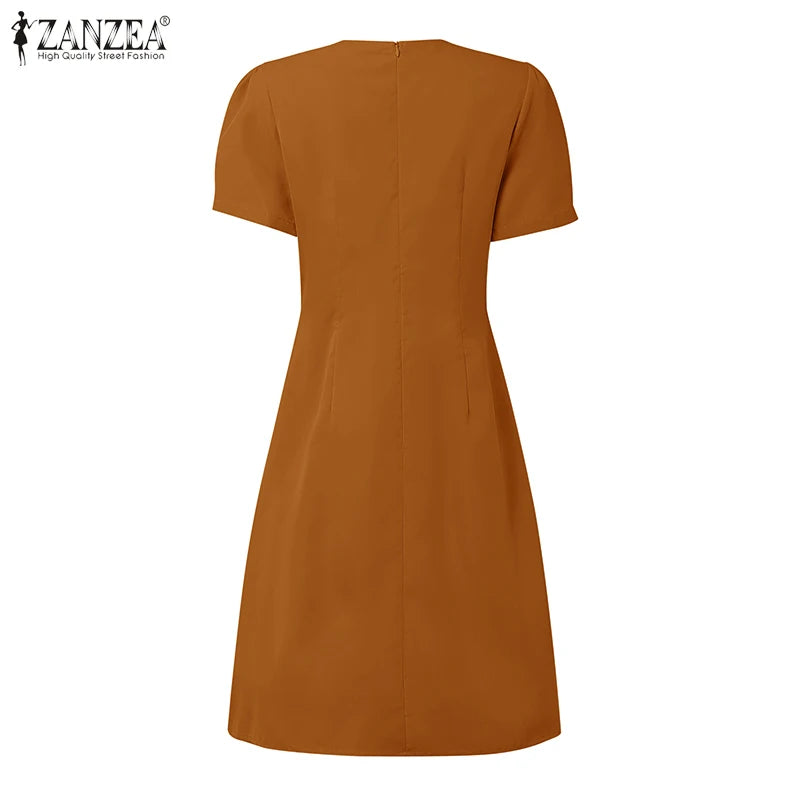 Women’s Summer Pleated Dress – V-Neck Puff Sleeve Party Dress