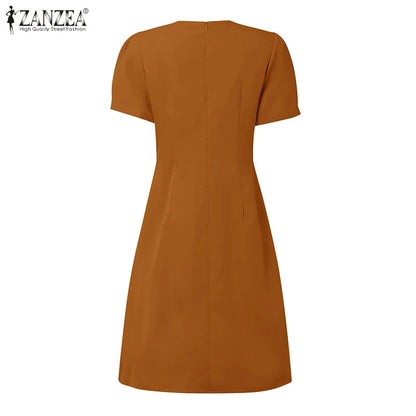 Women’s Summer Pleated Dress – V-Neck Puff Sleeve Party Dress