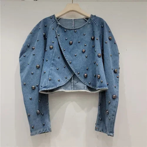 Pearl Beaded Cowboy Jacket – Women’s Long Lantern Sleeve Denim Bomber