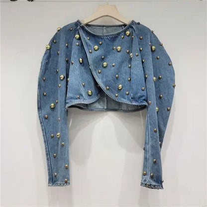 Pearl Beaded Cowboy Jacket – Women’s Long Lantern Sleeve Denim Bomber