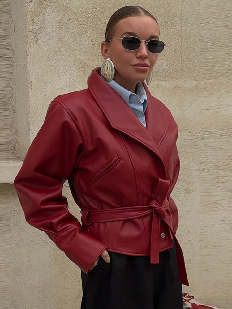 Short Faux Leather Jacket – Women’s Pockets Belt Turn-down Collar Coat