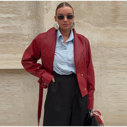 Short Faux Leather Jacket – Women’s Pockets Belt Turn-down Collar Coat