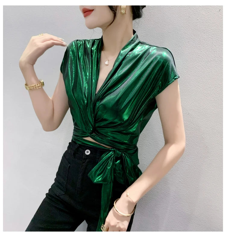 Shine & Chic – Metallic Short Sleeve Wrap Top for Women