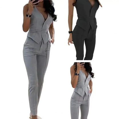 Office Lady 2 Pcs Set – Sleeveless Waistcoat & Straight Pants with Tie Belt