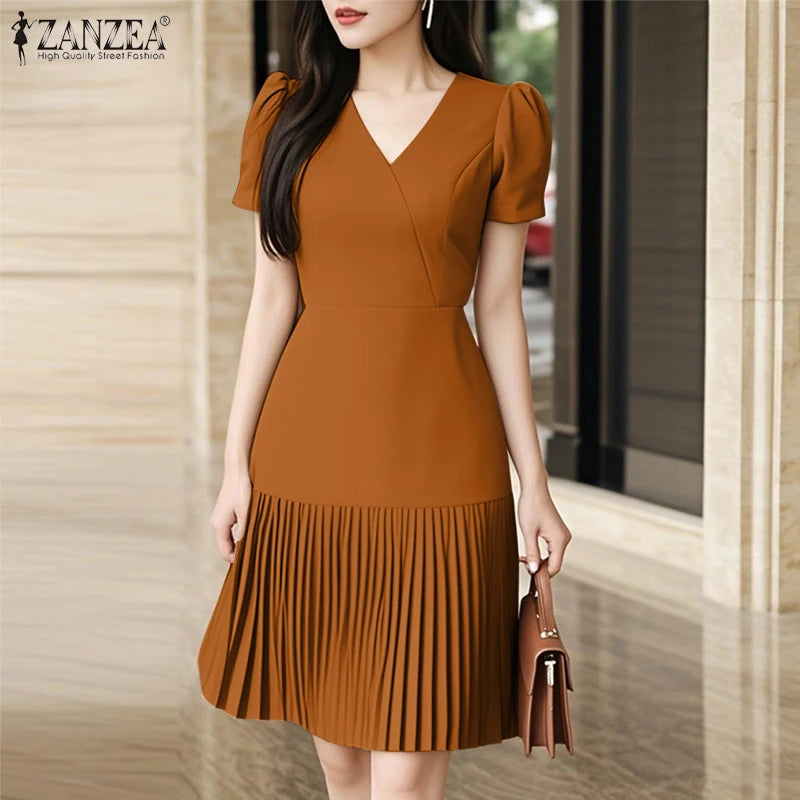 Women’s Summer Pleated Dress – V-Neck Puff Sleeve Party Dress