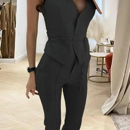 Office Lady 2 Pcs Set – Sleeveless Waistcoat & Straight Pants with Tie Belt