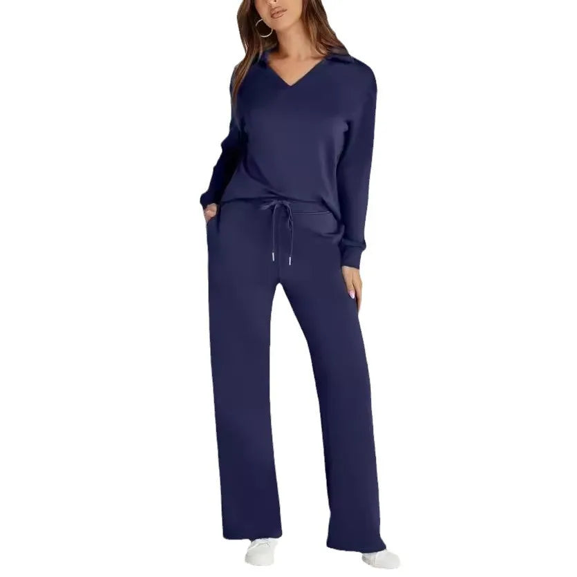 Spring Women’s Outfit – Loose V-Neck Top with Drawstring + Flared Trousers