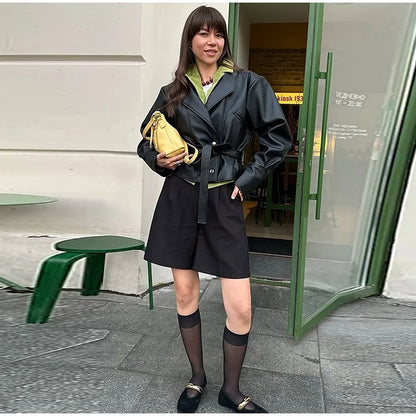 Short Faux Leather Jacket – Women’s Pockets Belt Turn-down Collar Coat