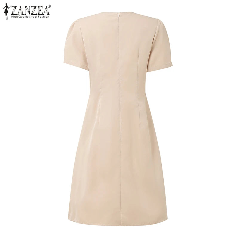 Women’s Summer Pleated Dress – V-Neck Puff Sleeve Party Dress
