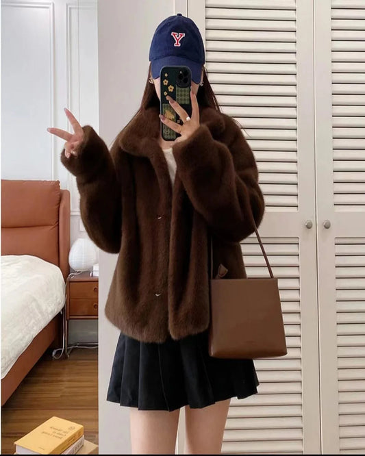 Golden Mink Lined Faux Fur Coat – Short Stand Collar Winter Jacket