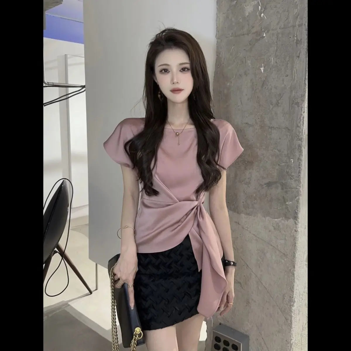 Trendy & Stylish – Lace-Up Solid Slim Blouse for Office